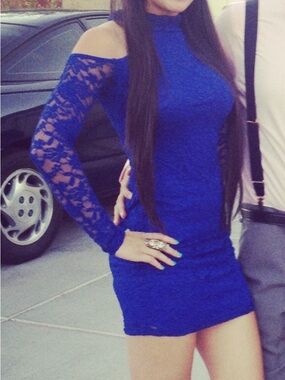 Tobi Royal Blue Lace Cold-Shoulder Long Sleeve Dress